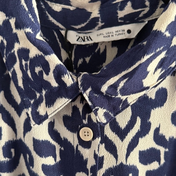 Zara Emilie Vicose Printed Damask Belted Midi Dress Size Large Blue Cream - Picture 3 of 14